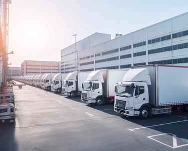 Viele LKW stehen an Hallentoren, um beladen zu werden