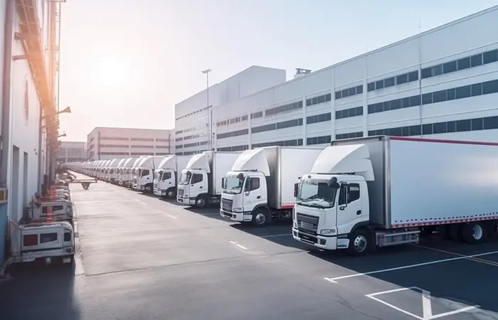 Weiße LKWs stehen in einer Reihe vor einer Lagerhalle
